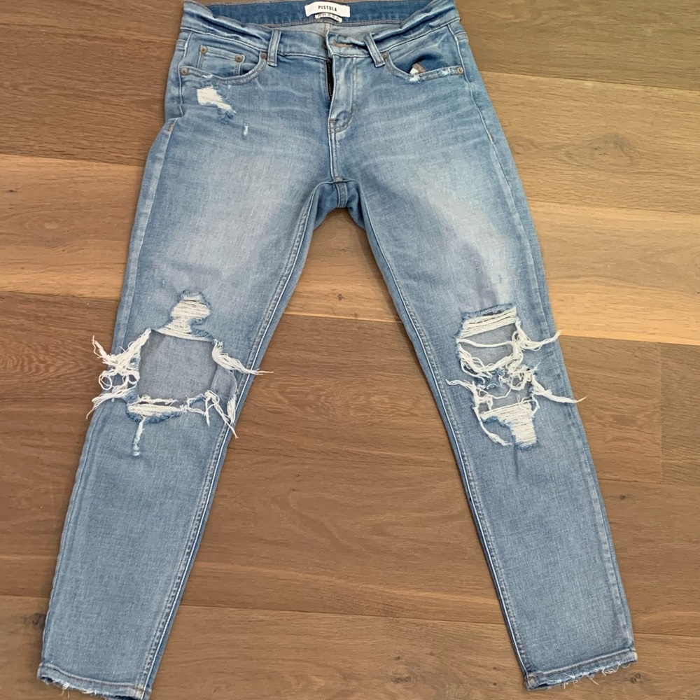 blue pistola denim jeans with rips. 25 inch inseam